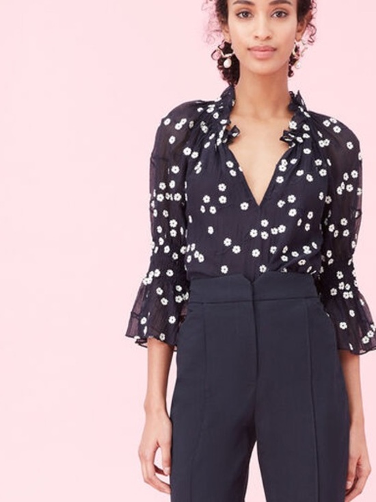 Rebecca Taylor Tops - Rebecca Taylor Alessandra Embroidered Smock Sleeve Blouse in Navy
